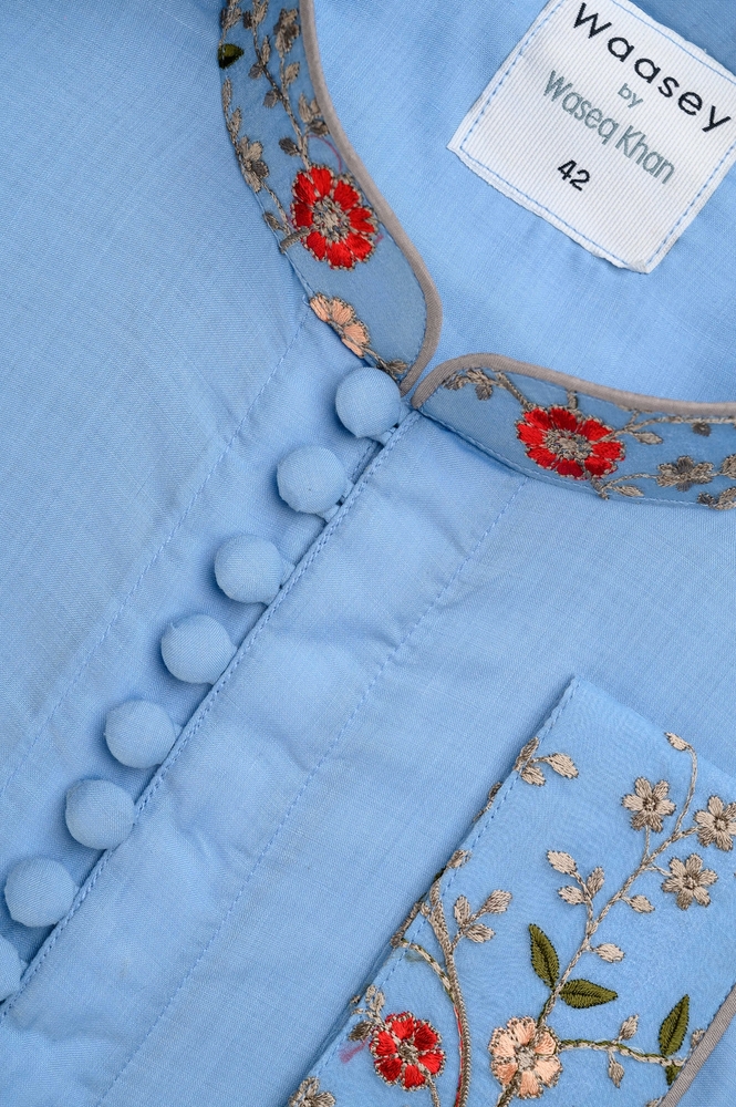 Sky Blue Panjabi with Vibrant Floral Details